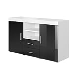 Muebles Bonitos | Aparador Mueble TV Armario para Salón Comedor Moderno Roque | Ancho 140cm x Alto 80 cm x Profundo 40 cm | Mueble de Melamina Brillo | Color Blanco con Negro