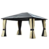Outsunny Cenador de Jardín 4,3x3,6 m Pabellón de Aluminio Exterior con Techo de Policarbonato 4 Cortinas Laterales y 4 Mosquiteras con Cremallera para Fiestas Eventos Marrón