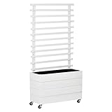 Outsunny Jardinera con Enrejado de Madera Maciza con 4 Ruedas Macetero de Jardín con Soporte para Trepadora y Tela Geotextil para Cultivos Plantas Flores 76x30x155 cm Blanco