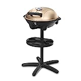 Barbacoa eléctrica SUNTEC BBQ-9479 | Uso exterior como barbacoa de sobremesa o con pie | Barbacoa para balcón, terraza, jardín y camping | Cocción eléctrica con máx. 2400 vatios | Tapa dorada