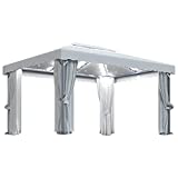 vidaXL Cenador con Cortina y Tira de Luces Lateral Pérgola Jardín Patio Toldo Sombrilla Parasol Tienda Carpa Marquesina Aluminio Crema 4x3 m