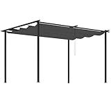Outsunny Pérgola de Pared de Jardín 4x3 m Gazebo Exterior Cenador con Techo Retráctil Tela de Poliéster y Marco de Acero para Patio Terraza Balcón Gris Oscuro