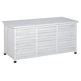 Outsunny Baúl de Madera Exterior Caja de Almacenamiento de Jardín con Tapa Abrible y Diseño Persiana 127x56x60 cm Blanco
