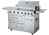 METRO Professional Barbacoa de gas de acero inoxidable, 7 quemadores, con termómetro integrado, regulador gas butano, portatil, uso profesional, para eventos al aire libre, 107 kg, 182 x 66 x 125 cm