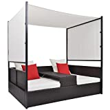 vidaXL Tumbona Doble con Toldo de Jardín Hamaca para Dos Personas con Dosel Piscina Terraza Exterior Porche Poli Ratán Sintético Marrón Cojines Crema