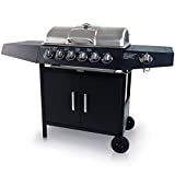 CCLIFE Barbacoa Gas 6+1 Quemadores BBQ Parrilla Barbacoa Gas con Bandeja de Goteo Aceite y Mesas laterales y Tapa y Ruedas, para Jardin, Terraza, Camping
