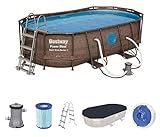 BESTWAY - Piscina Desmontable Tubular Power Steel 427x250x100 cm Depuradora Cartucho 2.006 l/h Escalera y Cobertor Diseño Rattan