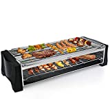 HengBo Barbacoa Eléctrica Sin Humo, Barbacoa de Mesa de Doble Capa Parrilla Barbacoa con Bandeja de Goteo, Termostato Ajustable, Superficie 46,5 x 20,5 cm, 2200W, Negro