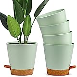 Xiumeso 5 Macetas de Plástico con Autorriego, ø 15,2 x 11 Cm, Maceta Redonda para Interior y Exterior con Plato de Tanque de Agua, Bonsái de Flores de Jardín, Verde