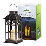 Linterna Solar con Vela LED, Diseño Antiguo Elegante en Metal bronce y Vidrio, Hermosa Lámpara de Mesa o Lámpara Colgante, para Exteriores o Interiores, Materiales Mesistentes a la Intemperie
