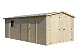 TIMBELA Garaje de Madera Natural - cobertizo en Pino/Abeto - A222x616x324 cm / 18 m² - Construcción de Paneles - Taller de jardinería - Almacén para de automóviles, cobertizo para Herramientas M102
