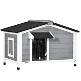 PawHut Caseta para Perros de Madera 97x72x65 cm Casita para Mascotas con Techo AsfГЎltico Abatible 2 Ventanas Puerta con Cortina y Base ExtraГble Gris