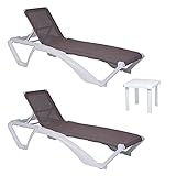 RESOL Acqua Set 2 Tumbonas y 1 Mesa Auxiliar Andorra | Conjunto de Tumbonas con Ruedas Apilables | Muebles de Jardín Exterior | Estructura y Mesilla Blanca | Textilene Color Marrón Arena