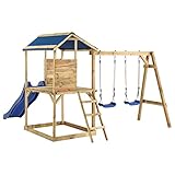 Mogou Casita de Juegos Columpios y Escalera, Casa De Madera para Jardin Infantil, Casa Infantil Tobogan, Columpio Bebe, Madera de Pino impregnada