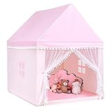 COSTWAY Casa de Juegos para Niños Tienda de Campaña para Niños Casita Infantil con Marco de Madera,Manta de Algodón y Techo Castillo Juguete para Niños 120x105x140 centímetros (Rosa)