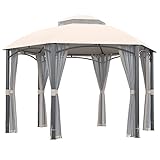 Outsunny Cenador de Jardín Hexágono 4x4 m Pabellón Exterior con Doble Techo de Ventilación y 6 Mosquiteras con Cremallera para Fiestas Balcón Patio Caqui