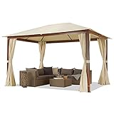 Cenador de jardín 3x4 m, Aspecto Madera, Techo de poliéster de Aprox. 220 g/m² 4 Cortinas en champán