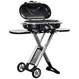 Outsunny Barbacoa de Gas 2,34 KW con 2 Quemadores Termómetro Parillas de Gas Plegable Portátil con 2 Ruedas y 2 Mesas Correderas para BBQ Camping 100x41,6x82,5 cm Negro y Plata