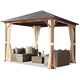 TOOLPORT Cenador de jardín 3x3 m, Aspecto Madera, Techo sólido, 4 Cortinas en champán