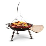 Blumfeldt Turion - Barbacoa de carbón Colgante (80 cm diametro, manivela para Ajustar Altura Parrilla, tracción de Cable, Mesa Auxiliar Madera, Soporte Cubiertos, Grill Acero Inoxidable)