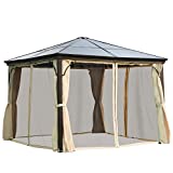 Outsunny Cenador para Jardín 3x3 m Alumnio Pabellón para Exterior con Techo de Policarbonato Anti-UV y 4 Mosquiteras Laterales con Cremalleras para Fiestas Eventos Beige