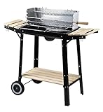 aro carrito barbacoa con ruedas cuadrado, acero / madera, 93.5 x 40.5 x 85 cm, 2 rejillas y 2 mesas auxiliares, asador incluido, asas de madera, protector de viento, color negro