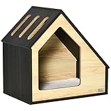 PawHut Caseta de Madera para Perros Perrera Tipo Casa para Uso Interior con Cojín Desenfundable Lavable y 3 Ventilaciones 60x40x59,2 cm Roble y Marrón Oscuro