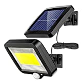 Luz Solar Exterior con Sensor de Movimiento, Rluobo 100 COB Focos Solares Exterior 120 ° súper brillantes, IP65 Impermeable, 3 modos con cable de 16.5 pies, Luces Solares Led Exterior Jardin Blancas