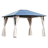 Outsunny Cenador de Jardín 3,65x3 m Pabellón de Acero con Techo de Policarbonato de 6 mm Protección UV 50+ y 4 Cortinas Laterales de Cremallera para Fiestas Beige