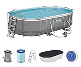 Bestway Power Steel-Juego de Piscina Ovalada (488 x 305 x 107 cm, con Bomba de Filtro y Accesorios), Color Gris, (32042-19)