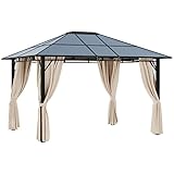 Outsunny Cenador de Jardín 3,65x3 m Pabellón de Acero con Techo de Policarbonato de 6 mm Protección UV 50+ y 4 Cortinas Laterales de Cremallera para Fiestas Beige