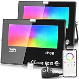 30W Focos LED Exterior 2 Piezas 3000 Lúmen IP66 Impermeable Bluetooth RGB LED Proyector 16 Millones de Colores 12 Modos para Terraza, Jardín, Patio, Parque, Garaje, Pasajes
