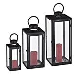 Relaxdays Set 3 Portavelas, Farol Decorativo para Interior y Exterior, 3 Tamaños, Metal, Cristal, Farolillo Vela, Negro, 60% Hierro 40% Vidrio, 63 x 21 x 21 cm
