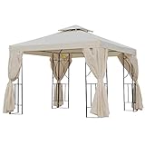 Outsunny Cenador de Jardín 3x3 m Pabellón con 4 Cortinas Laterales Extraíbles de Cremallera 8 Orificios de Drenaje y Doble Techo Beige