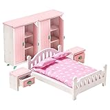 Accesorio para Muebles de Dormitorio para Casita de Muñecas en Miniatura de 7 Piezas,Doll Armoire Armario de Madera,Bed con Ropa de Cama,Los Niños Juguetes ​Mini Casa de Habitación ​Conjunto (Rosa)