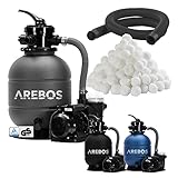 Arebos Sistema de Filtro de Arena con Bomba | 400 W |10.200 l/h | Volumen del depósito de hasta 20 kg de Arena | con manómetro de presión | Incluye 1400 g de Bolas de Filtro | Incluye Manguera de 2 m