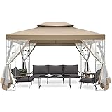COBIZI Pergolas de Jardin 3x4 para Patios, Gazebo de Acero para Exteriores con Malla de Cremallera y diseño de Estante esquinero, Gazebo de Techo Doble con mosquitera para Patio, Junto a la Piscina