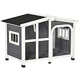PawHut Caseta para Perros de Madera 101x66,5x70,5 cm Casa para Mascotas con Techo Abatible Frontal de Acrílico Puerta con Cortina y Fondo Extraíble Gris Oscuro