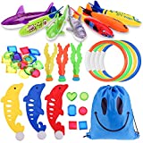 Fabur 34pcs Juguetes de Buceo Conjunto para Niños Incluir Torpedos Bandidos*4,Anillos de Buceo*4,Algas Marinas*3,Gemas de Buceo Juguetes*16,Delfines*3,Tiburón*3,Bolsillo con cordón*1