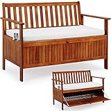 Casaria Banco de Jardín de Madera de Acacia 120x62cm 2 Personas Cojín y Baúl de Almacenaje Incluido