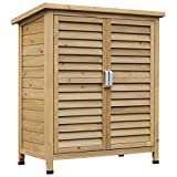 Outsunny Cobertizo de Almacenamiento de Madera para Jardín 87x46,5x96,5 cm con 2 Estantes Interiores 2 Puertas de Buena Ventilación y Techo Inclinado para Exterior Terreza Natural