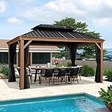 PURPLE LEAF Cenador de Jardín 3 x 4.25 m Pergolas de Jardin Aluminio Gazebo con Techo Metálico Pergolas de Metal con 4 x Mosquitera, Aspecto Madera