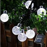 PhilzOps Guirnaldas Luces Solar, 13.8M 60 LED Luces Jardin Solares Exterior Bolas de Cristal Cadena de Luces 8 Modos Impermeable Iluminación para Terraza Fiestas Bodas Patio Interior, Blanco Frio