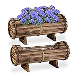Relaxdays Jardinera de Madera, Juego de 2 macetas, 18 x 40 x 14 cm, Exterior e Interior, Barril con lámina, marrón, 10037609