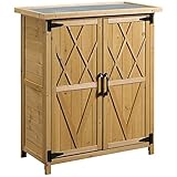 Outsunny Armario de Madera de Jardín 75x40x90 cm 0,24 m² para Almacenamiento de Herramientas con 2 Puertas 4 Estantes y Techo Galvanizado para Exterior Terraza Natural