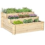 Outsunny Jardinera de Madera de 3 Niveles Escaleras de Huerto Urbano con Tela Geotextil para Cultivos Plantas Flores para Jardín Terraza Exterior 117x100x54 cm Natural