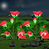Luces Solares de Flores de Rosas, ZVO 2 Piezas 12 LED Luces Solares Exterior Jardín, IP65 Lampara de Jardín de Rosas Al Aire Libre, Iluminación Decorativa para Jardín, Patio, Entrada, Caminos(Rojo)