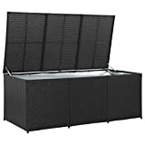 Festnight Caja de Almacenaje de Jardín, Baúl de Almacenaje Exterior, Banco de Almacenamiento Ratán Sintético Negro 180x90x75 cm