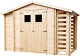 TIMBELA M389 Caseta de Madera para jardín con leñera y trastero - caseta de Pino/Abeto - H218 x 328 x 206 cm / 3,53 + 0,94 + 0,94 m2