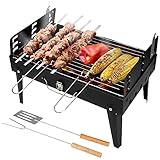 Barbacoa de carbón portátil para exteriores – BBQ maletín plegable para poder usarla en patios, terrazas, campings y exteriores – Espátula y tenedor incluidos - 44x27x22 cm – 1,9 kg